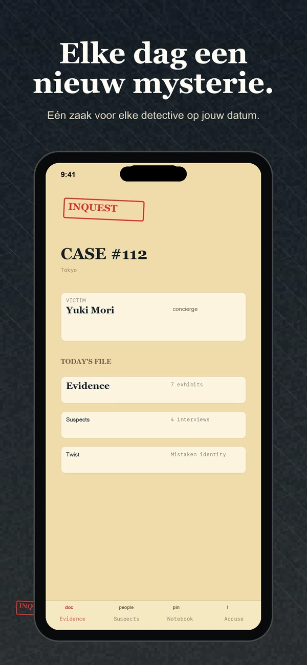 Inquest — Daily Detective Game — Eén geval. Op een dag. Los het op.